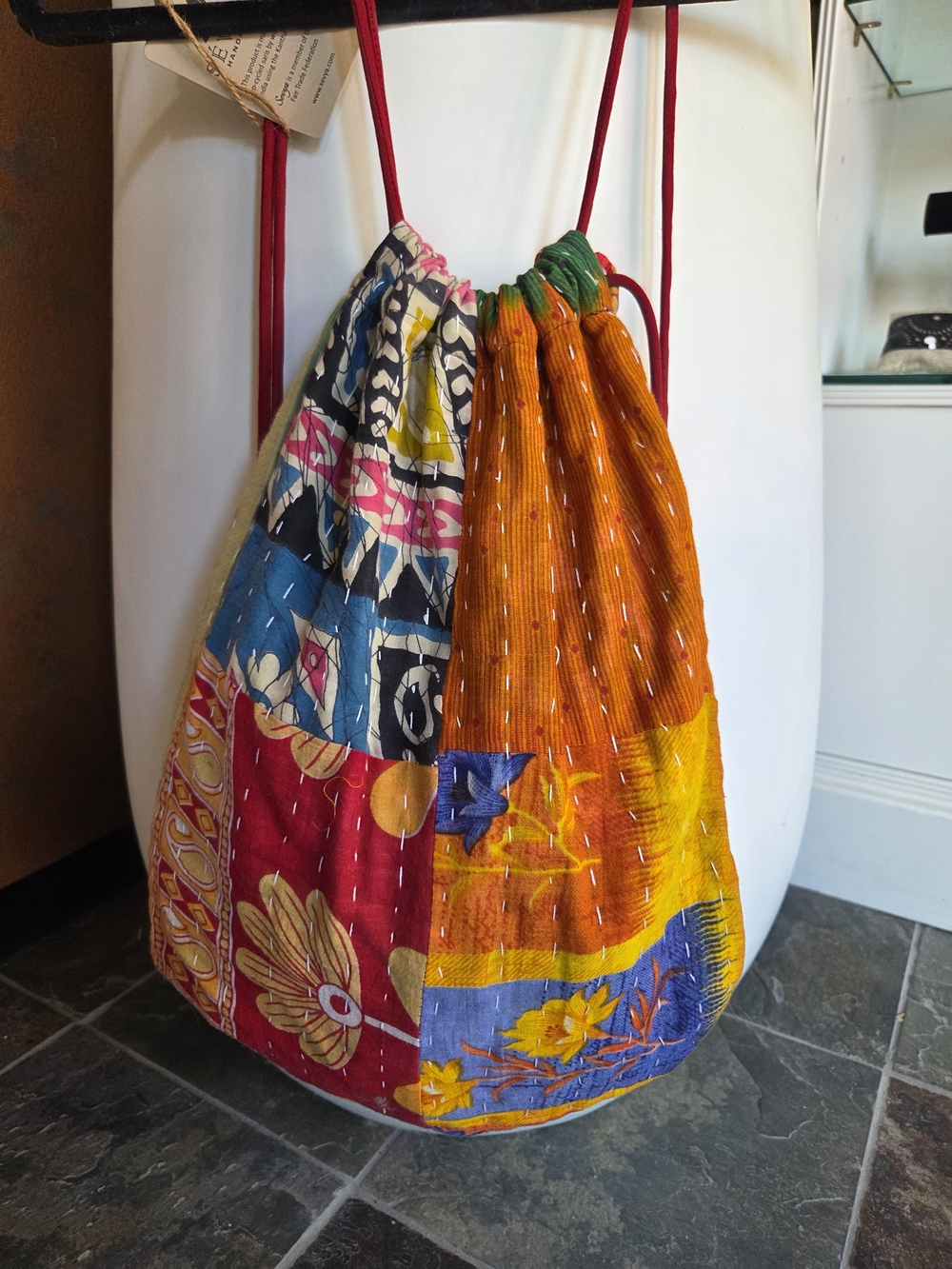 Multicolor Boho Drawstring Backpack - Patchwork Kantha Style